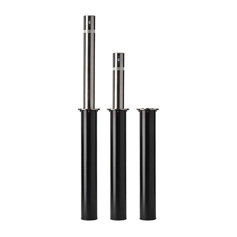 Three-step infographic showing a removable bollard workflow: closed position with post installed and locked in the ground sleeve, removed position with a worker lifting the post out of the sleeve, and safe/covered position with the hinged cover flipped down flat over the sleeve opening.