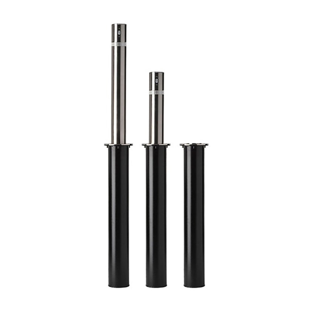 Three-step infographic showing a removable bollard workflow: closed position with post installed and locked in the ground sleeve, removed position with a worker lifting the post out of the sleeve, and safe/covered position with the hinged cover flipped down flat over the sleeve opening.