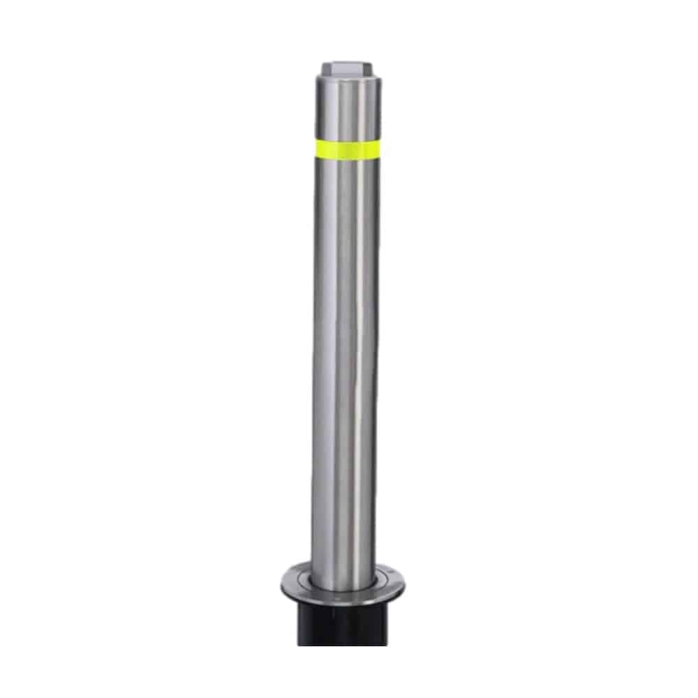 Three-step infographic showing a removable bollard workflow: closed position with post installed and locked in the ground sleeve, removed position with a worker lifting the post out of the sleeve, and safe/covered position with the hinged cover flipped down flat over the sleeve opening.