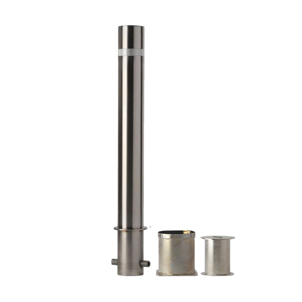 Three-step infographic showing a removable bollard workflow: closed position with post installed and locked in the ground sleeve, removed position with a worker lifting the post out of the sleeve, and safe/covered position with the hinged cover flipped down flat over the sleeve opening.