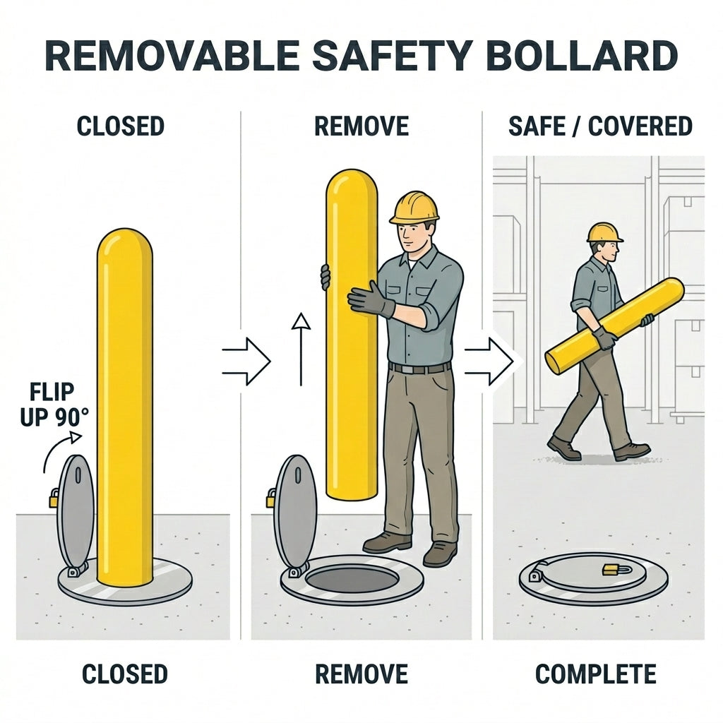 Three-step infographic showing a removable bollard workflow: closed position with post installed and locked in the ground sleeve, removed position with a worker lifting the post out of the sleeve, and safe/covered position with the hinged cover flipped down flat over the sleeve opening.