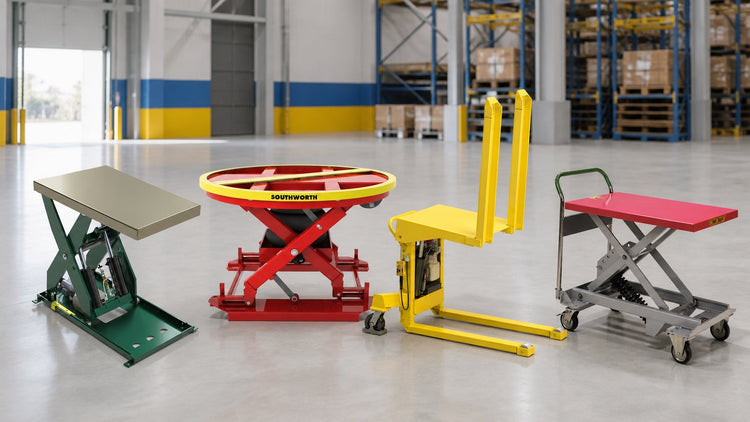 A lineup of four Southworth material-handling products in a modern warehouse: an LS Series lift table, PalletPal 360 Air, PTU-2 container tilter, and Dandy self-leveling cart.
