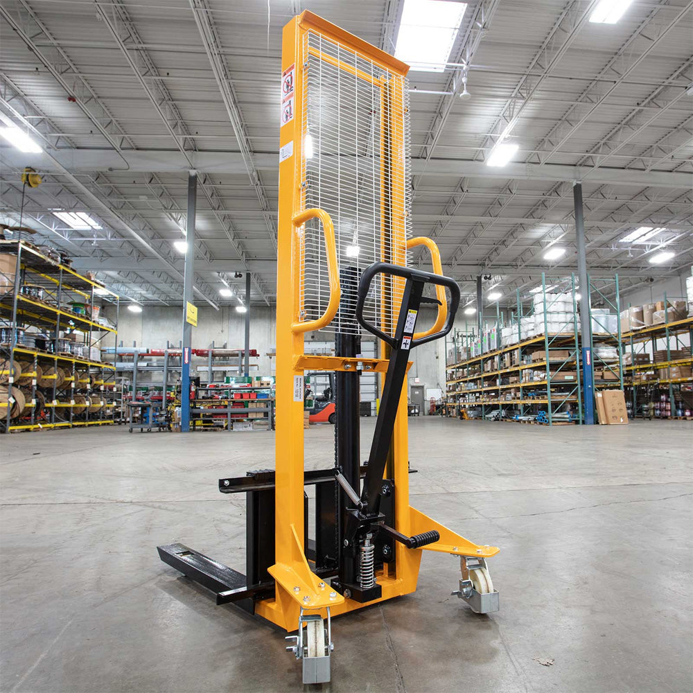 Manual Pallet Stacker Adjustable Forks, 1100-2200 lbs Capacity, 63" Lift Height - Apollo Forklift