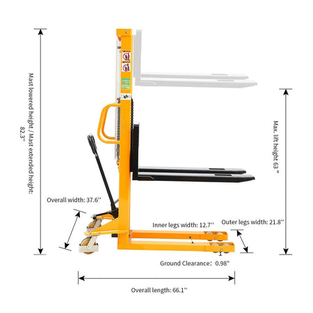 Manual Pallet Stacker Adjustable Forks, 1100-2200 lbs Capacity, 63" Lift Height - Apollo Forklift