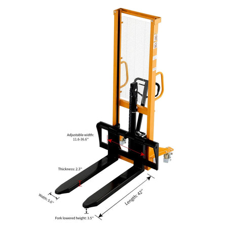 Manual Pallet Stacker Adjustable Forks, 1100-2200 lbs Capacity, 63" Lift Height - Apollo Forklift