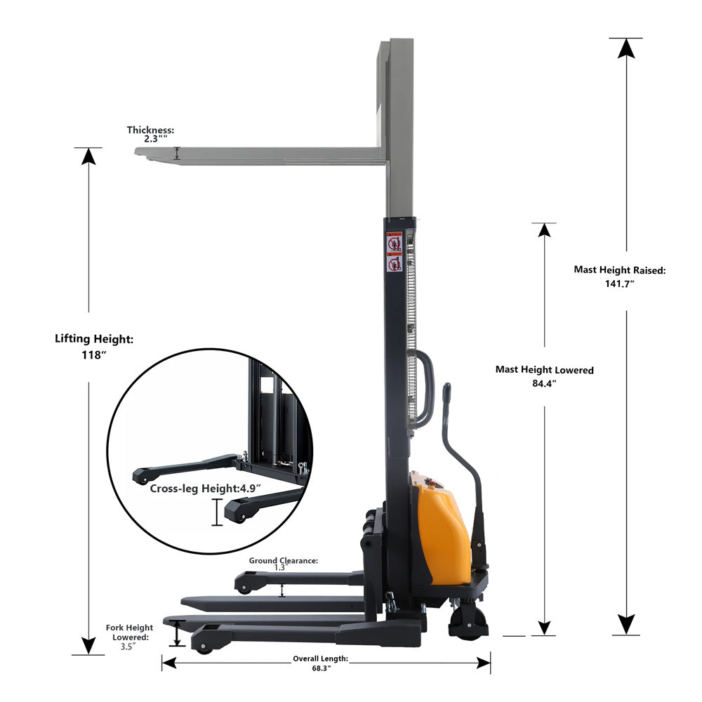 Semi-Electric Straddle Stacker, 3300 lbs Capacity, 118" Lifting Height - Apollo Forklift