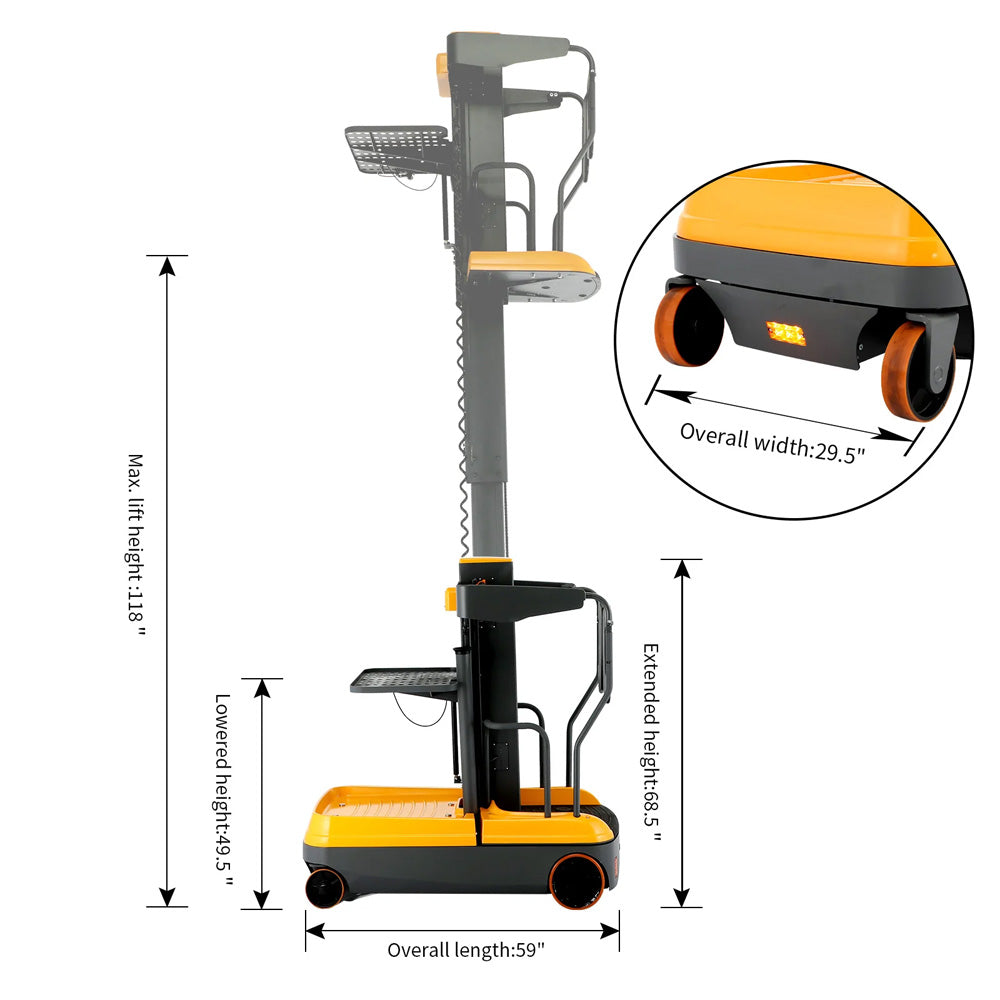 Fully Electric Mini Order Picker with Load Tray, 200 lbs Capacity - Apollo Forklift