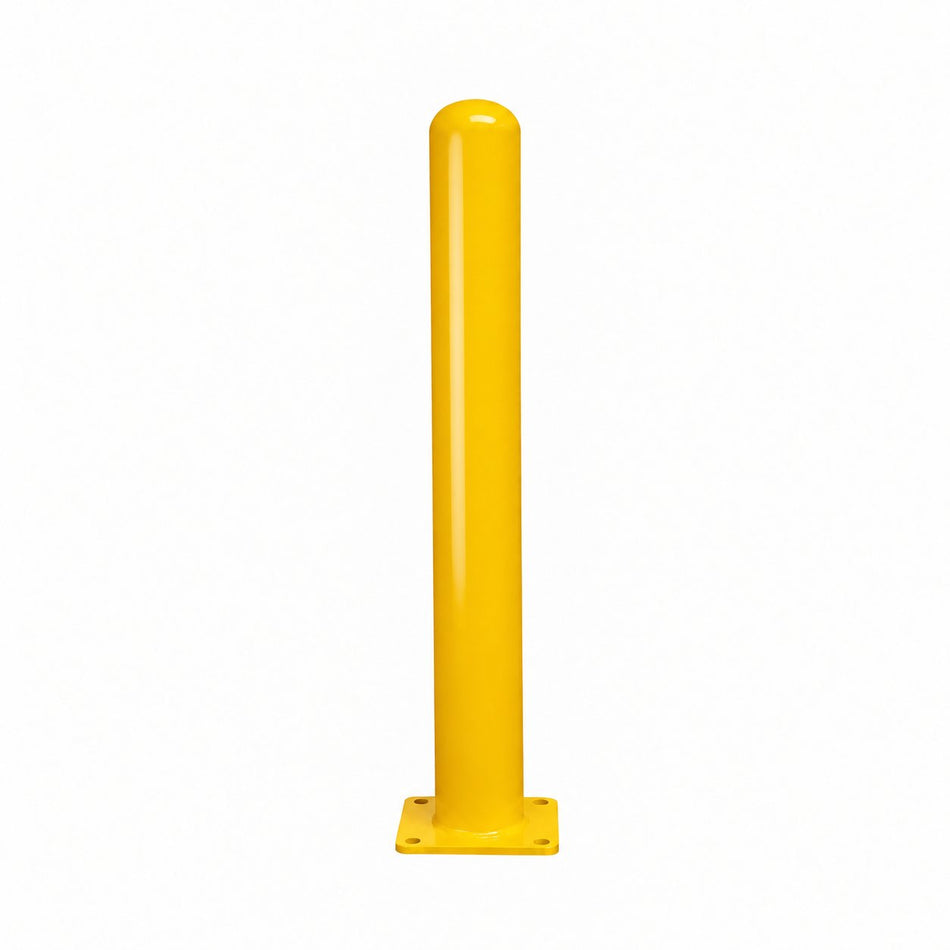Representative 36-inch model: Front view of the BBPCS436 yellow steel bollard, 4 x 36 inches, with a square mounting baseplate. Used for the BBPCS442 42-inch preorder.