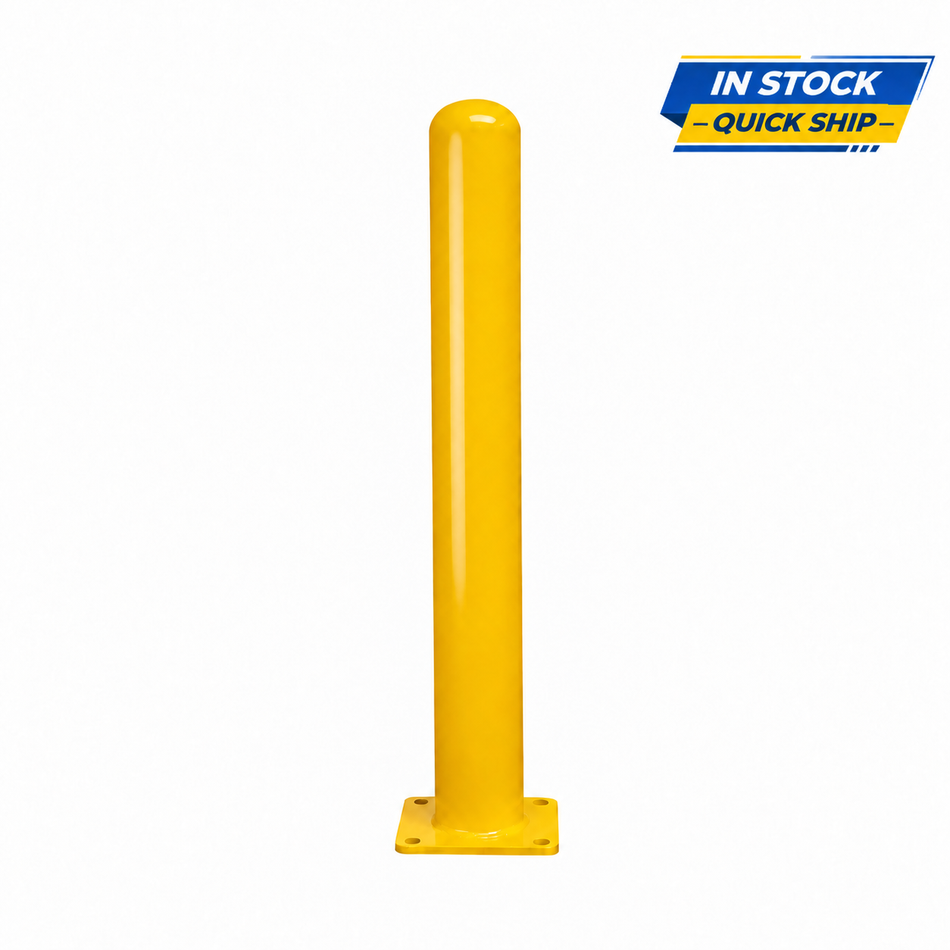 Representative matching 36-inch model for BBPCS442 (42-inch yellow steel baseplate bollard), with In Stock / Quick Ship badge.