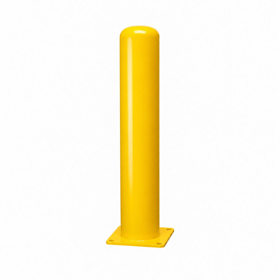 Representative 36-inch model: Full view of the BBPCS636 yellow steel bollard, 6 x 36 inches, with a square mounting baseplate. Used for the BBPCS642 42-inch preorder.
