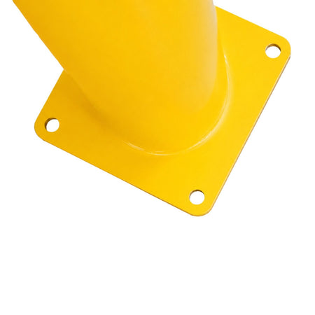 Representative 36-inch model: BBPCS636 surface-mount bollard baseplate showing four anchor holes and the welded post connection. Used for the BBPCS642 42-inch preorder.