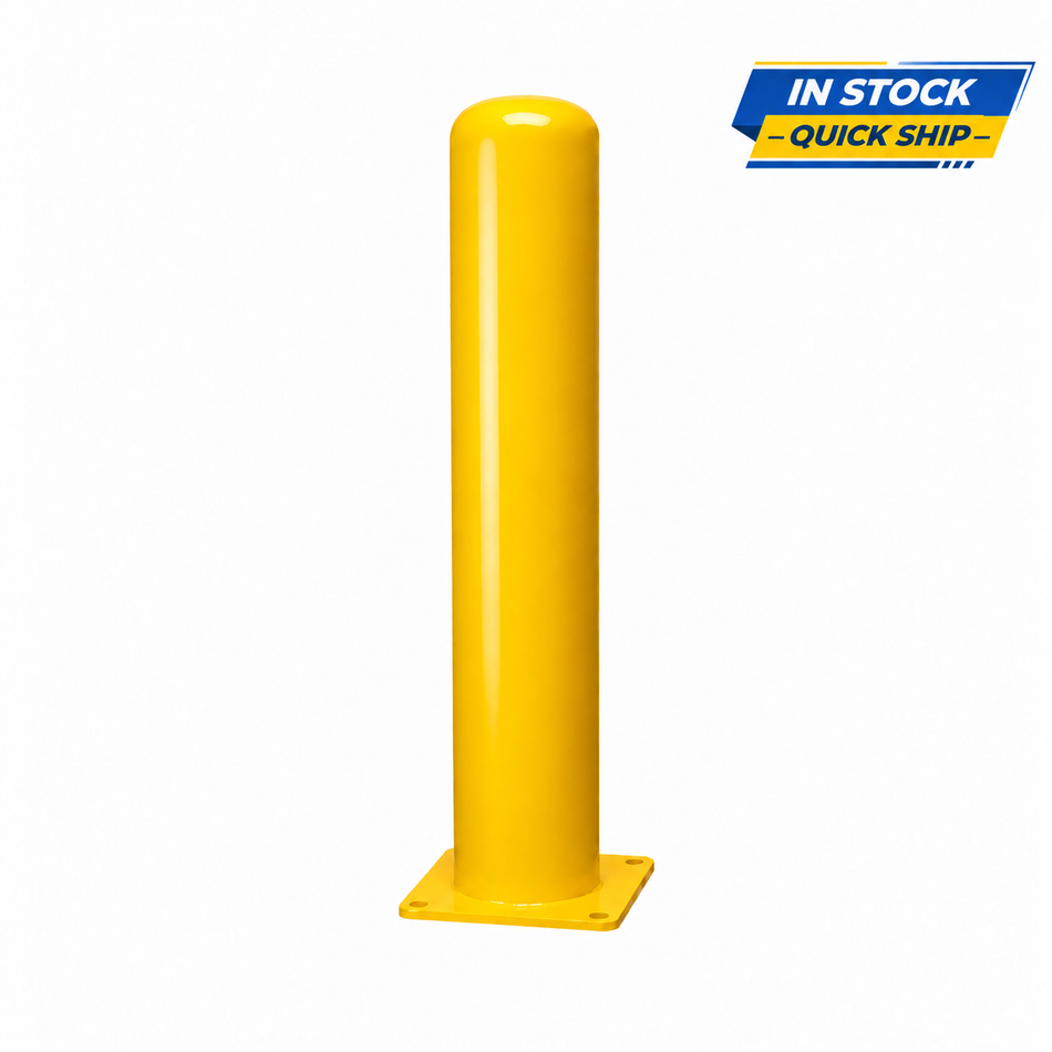 Representative matching 36-inch model for BBPCS642 (42-inch yellow steel baseplate bollard), with In Stock / Quick Ship badge.