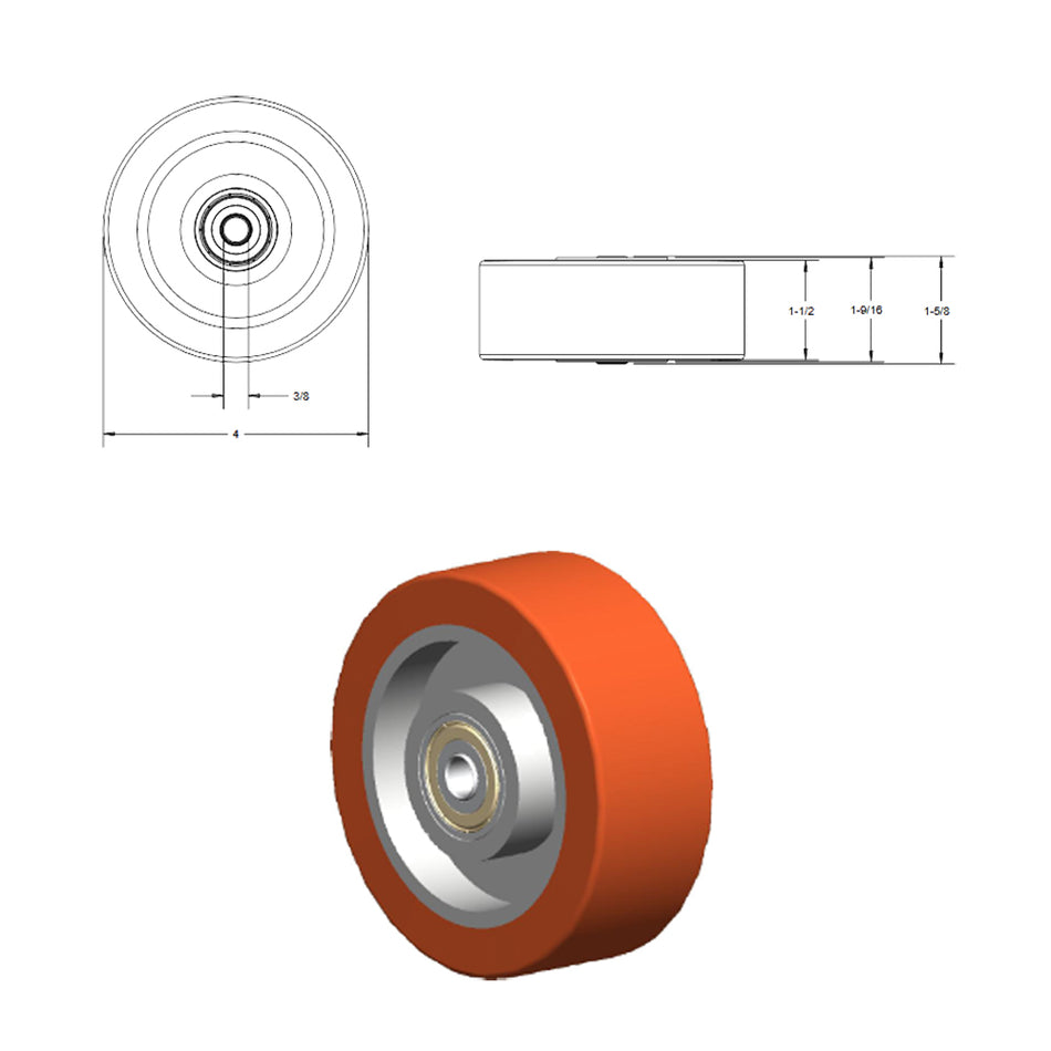 4" x 1-1/2" SteRollizer Wheel (Aluminum) - Durable Superior Casters - product view 2