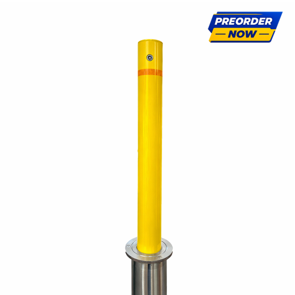 Retractable Yellow Steel Bollard - 4" x 36" Drop-Down Security Post - S4 Bollards
