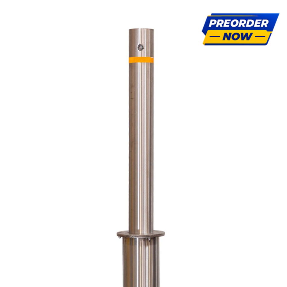 4" x 36" Retractable Metal bollard with a yellow reflective band