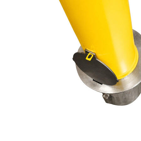 Representative 36-inch model: Angled close-up of the stainless steel sleeve collar, hinged cover and yellow locking tab on BRCS636+SLV60. Used for the BRCS642+SLV60 42-inch preorder.