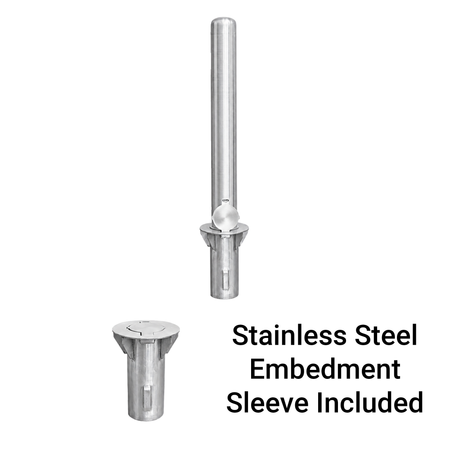 Representative 36-inch model: BRSS436+SLV40 removable stainless steel bollard with a separate view of its included embedment sleeve. Used for the BRSS442+SLV40 42-inch preorder.