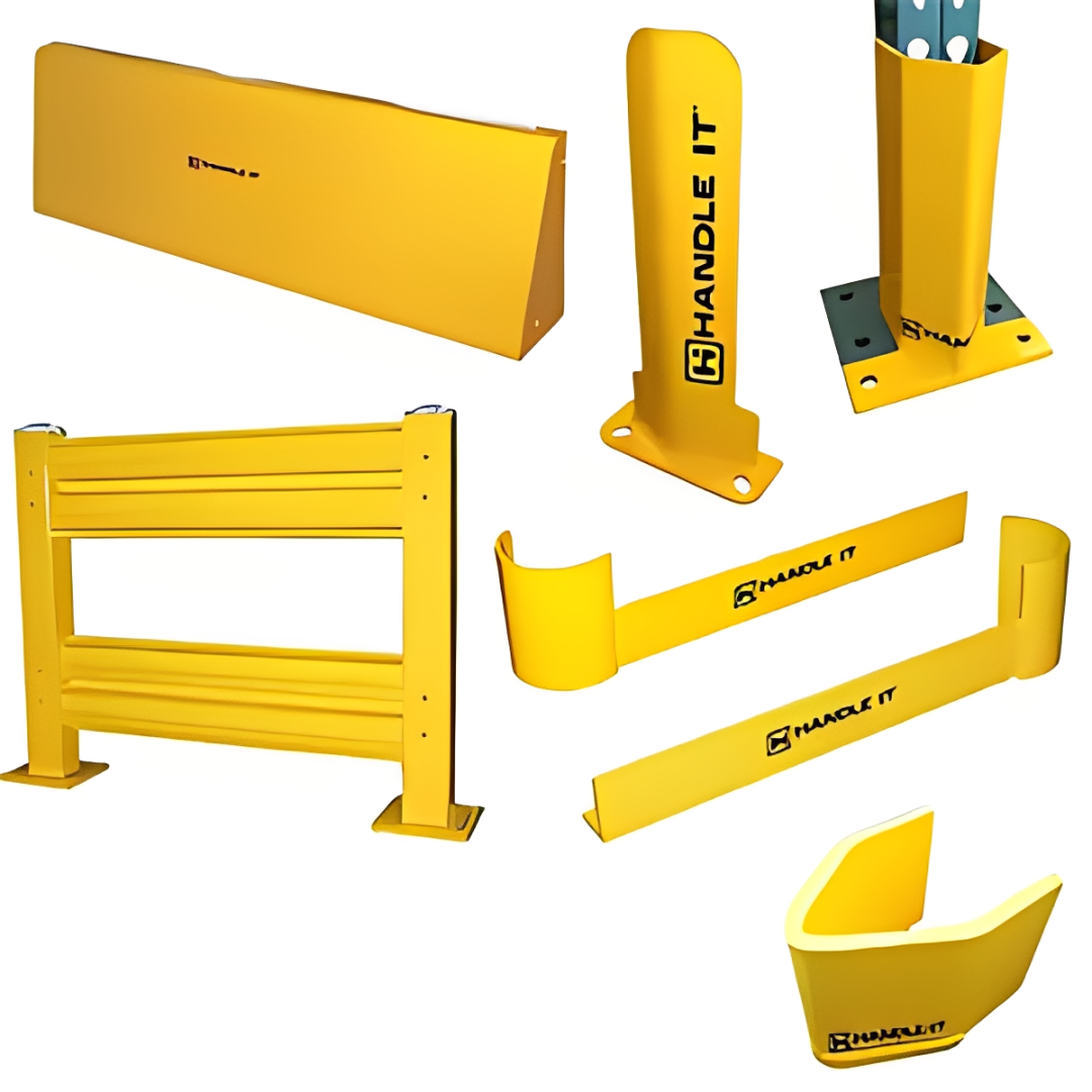 Collection of industrial equipment including yellow guard rails, casters, and pallet lifts showcasing product quality and variety.