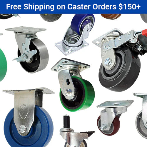 Collection of industrial equipment including yellow guard rails, casters, and pallet lifts showcasing product quality and variety.