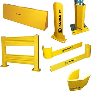 Collection of industrial equipment including yellow guard rails, casters, and pallet lifts showcasing product quality and variety.