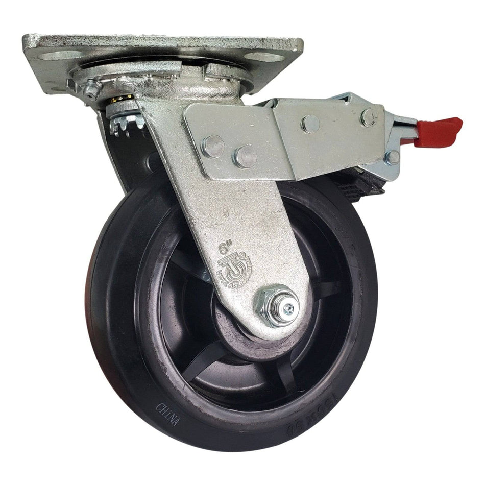 6" x 2" Rubber On Nylon Swivel Caster w/ Total Lock Brake - Durable Superior Casters - product view 1