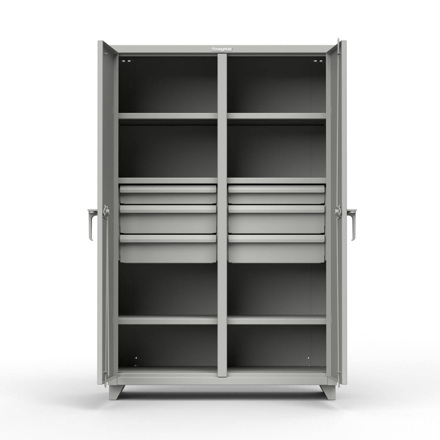 Extreme Duty 12 GA Double Shift Cabinet with 16 Drawers, 2 Shelves - 60 In. W x 24 In. D x 78 In. H - Strong Hold