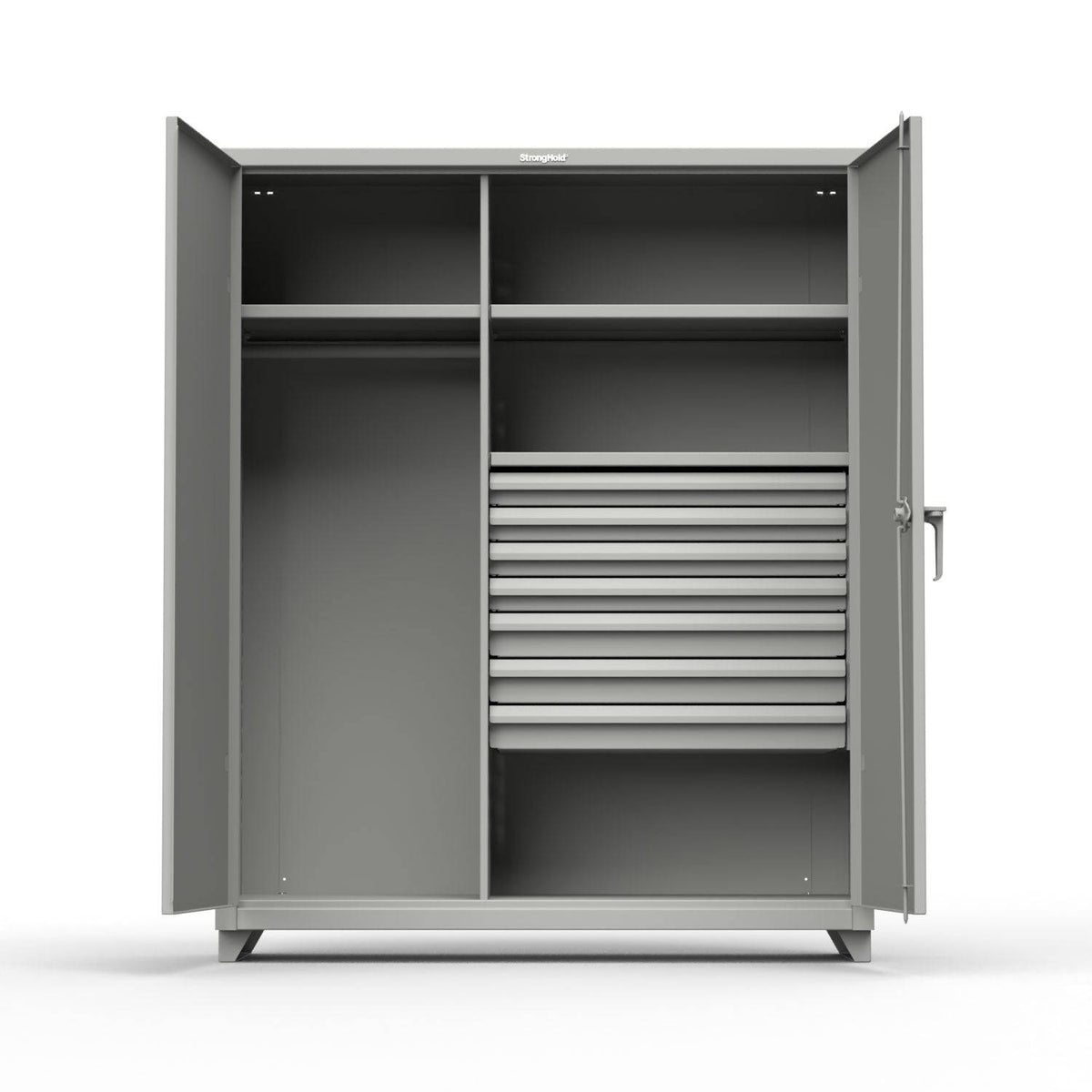 Extra Heavy Duty 14 GA Uniform Cabinet with 7 Drawers, 3 Shelves - 60 In. W x 24 In. D x 75 In. H - Strong Hold