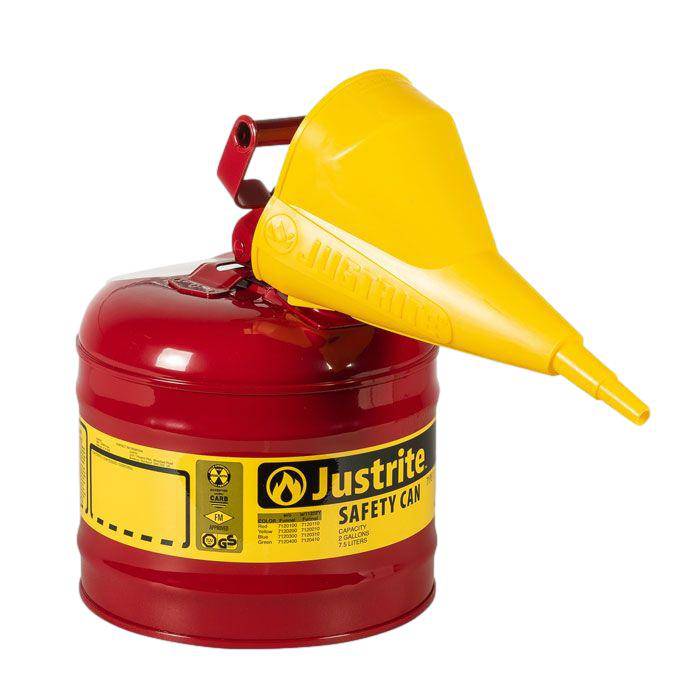 Type I Steel Safety Can, Funnel, 2 Gal,S/S Flame Arrest,Self-Close Lid - Justrite