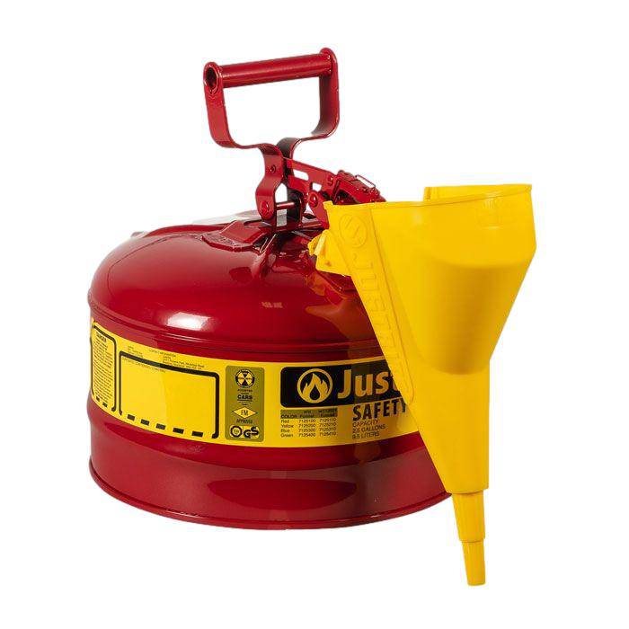 Type I Steel Safety Can, 2.5 Gal, S/S Flame Arrest, Self-Close Lid - Justrite