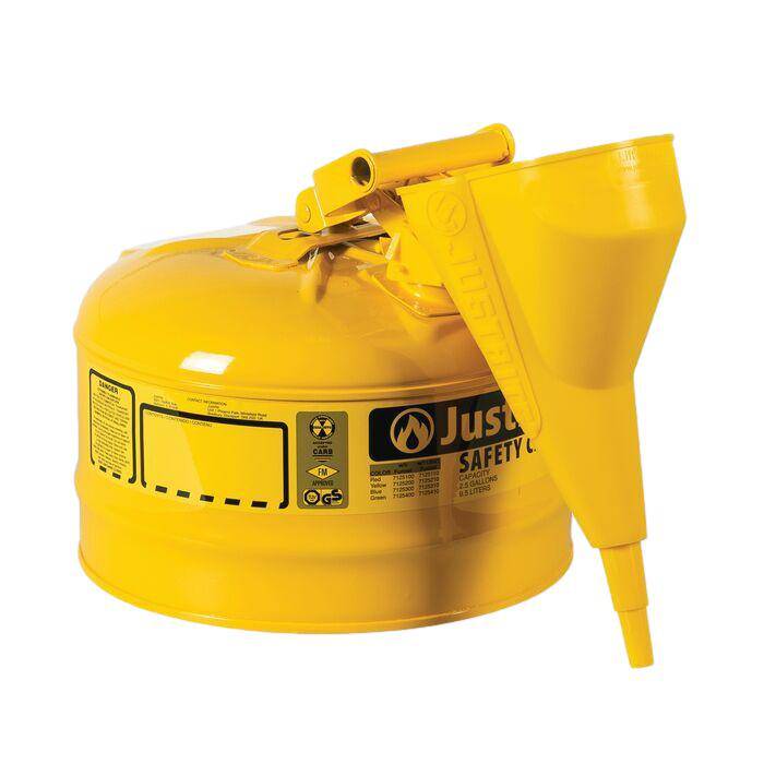 Type I Steel Safety Can, 2.5 Gal, S/S Flame Arrest, Self-Close Lid - Justrite