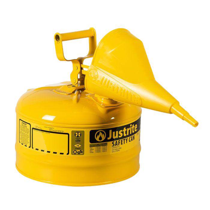 Type I Steel Safety Can, 2.5 Gal, S/S Flame Arrest, Self-Close Lid - Justrite