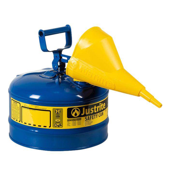 Type I Steel Safety Can, 2.5 Gal, S/S Flame Arrest, Self-Close Lid - Justrite