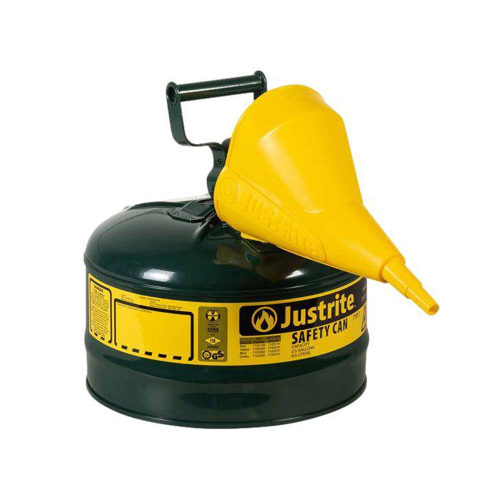 Type I Steel Safety Can, 2.5 Gal, S/S Flame Arrest, Self-Close Lid - Justrite