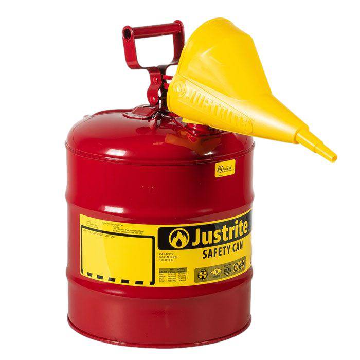 Type I Steel Safety Can, Funnel, 5 Gal,S/S Flame Arrest,Self-Close Lid - Justrite