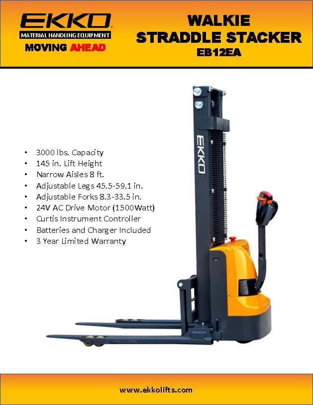 EKKO EB12EA Full Powered Straddle Stacker - 145" Height 3000 lbs Capacity - Ekko Lifts