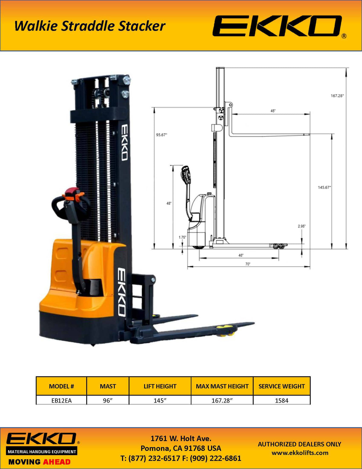 EKKO EB12EA Full Powered Straddle Stacker - 145" Height 3000 lbs Capacity - Ekko Lifts