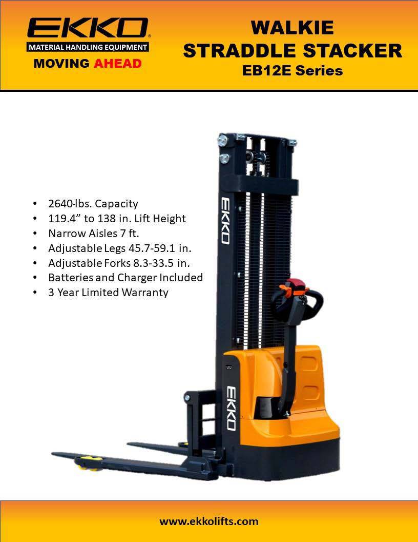 EKKO EB12E Full Powered Straddle Stacker - 119-138" Height - 2640 lbs Capacity - Ekko Lifts