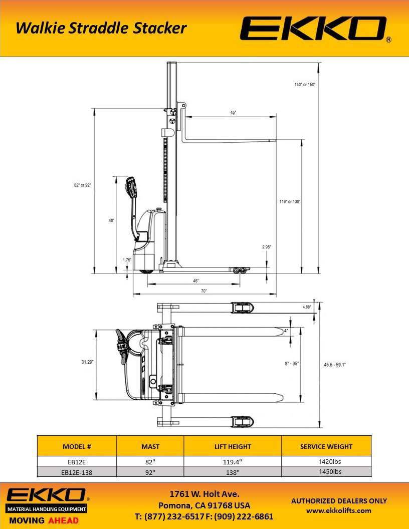 EKKO EB12E Full Powered Straddle Stacker - 119-138" Height - 2640 lbs Capacity - Ekko Lifts