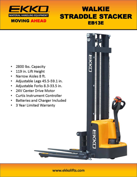 EKKO Full Powered Straddle Stacker 119/138" Height 2800 lbs Capacity - Ekko Lifts