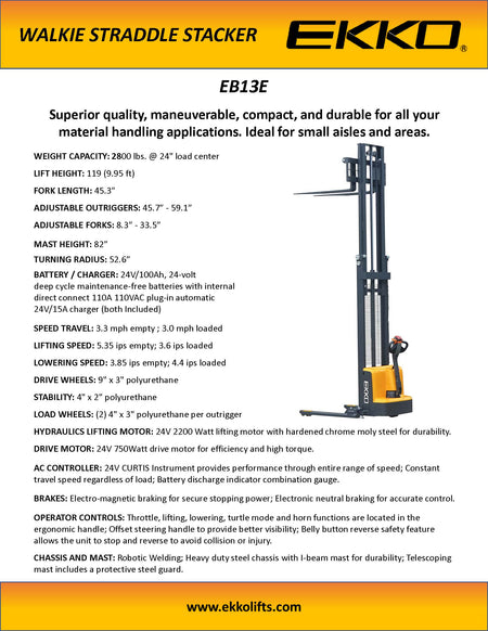 EKKO Full Powered Straddle Stacker 119/138" Height 2800 lbs Capacity - Ekko Lifts