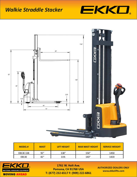 EKKO Full Powered Straddle Stacker 119/138" Height 2800 lbs Capacity - Ekko Lifts