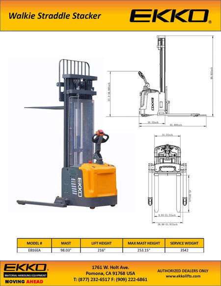 EKKO EB16EA Full Powered Straddle Stacker 4400 lbs Capacity 216" Height - Ekko Lifts