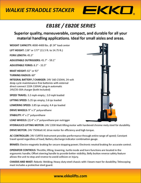 EKKO Full Powered Straddle Stacker 138/177" Height - Ekko Lifts