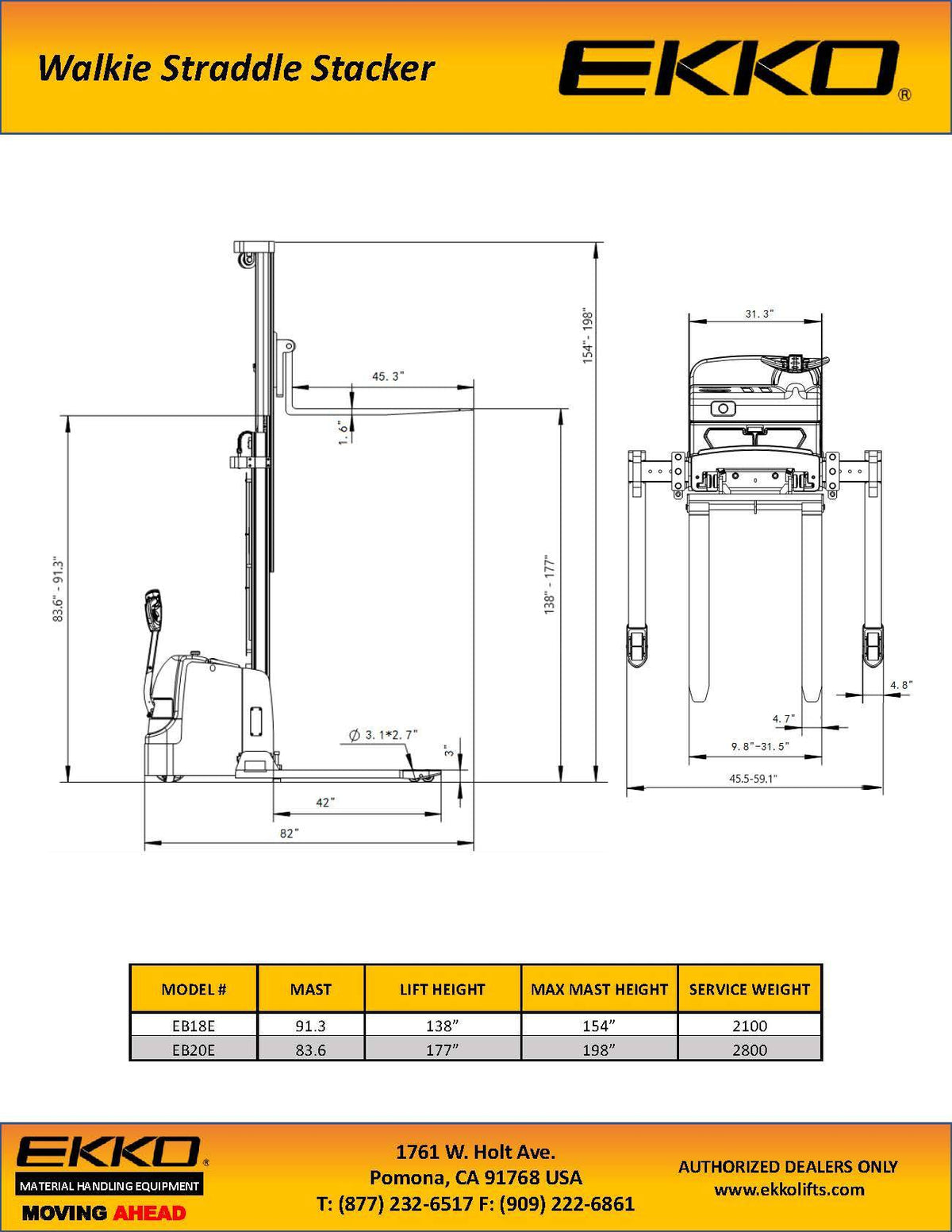 EKKO Full Powered Straddle Stacker 138/177" Height - Ekko Lifts