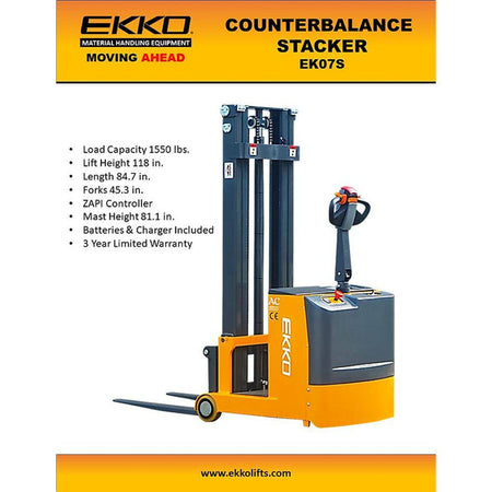 EKKO EK07S Counterbalance Walkie Stacker 118" Height - 1550 lbs Capacity - Ekko Lifts