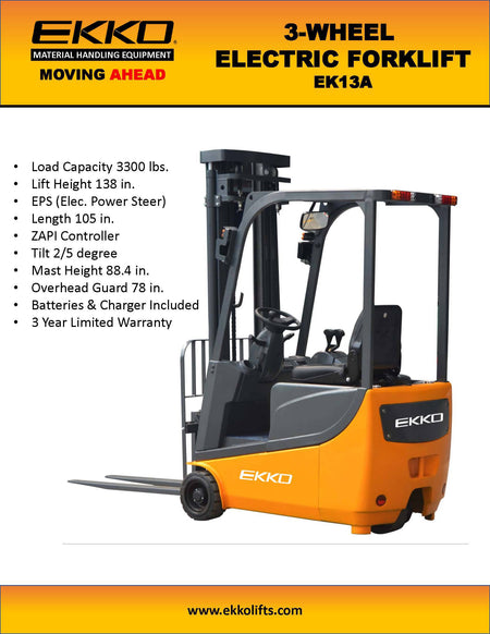 EKKO EK13A 3 Wheel Electric Forklift 138" Lift Ht., Side Shift - 3300 lbs Capacity - Ekko Lifts