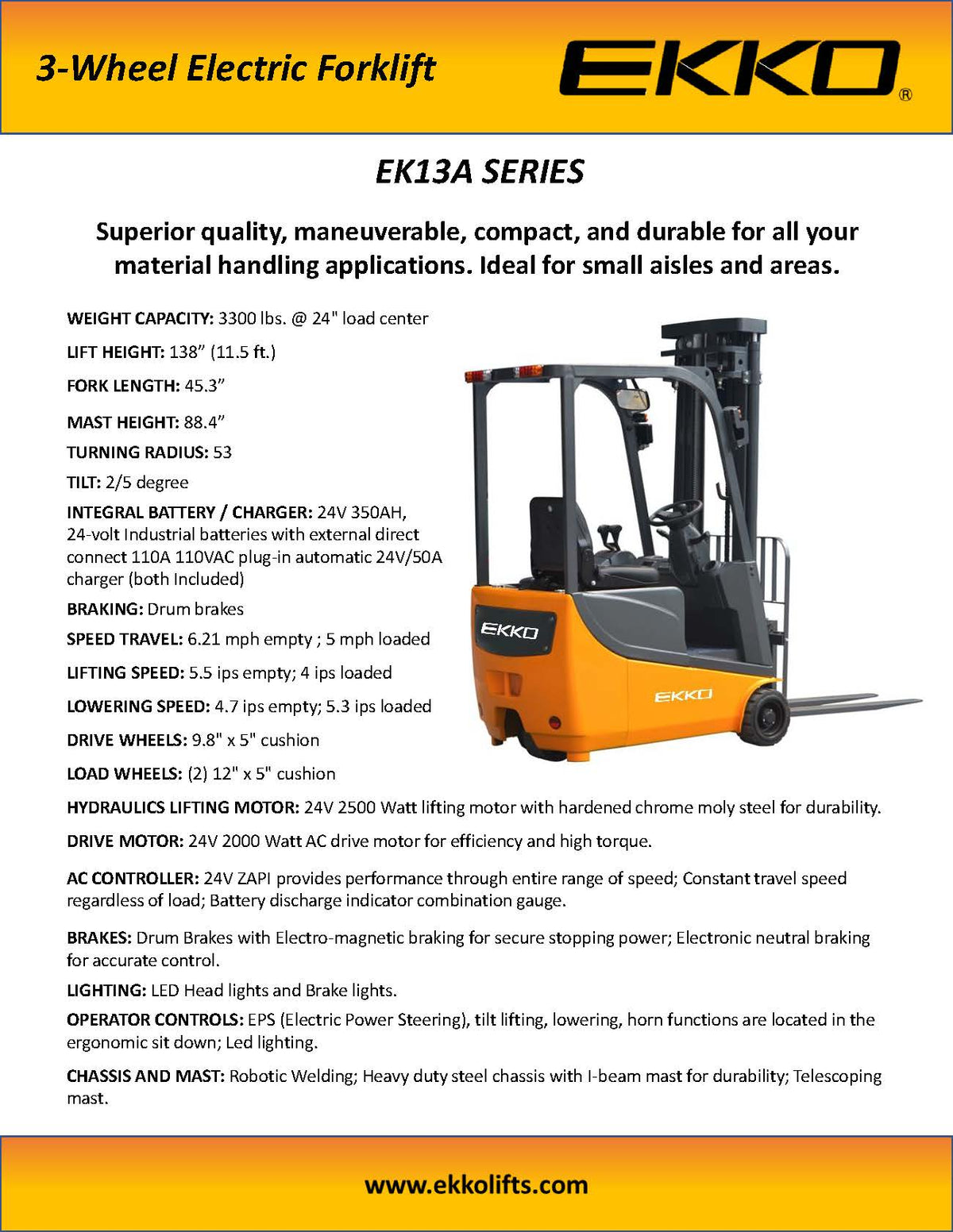 EKKO EK13A 3 Wheel Electric Forklift 138" Lift Ht., Side Shift - 3300 lbs Capacity - Ekko Lifts