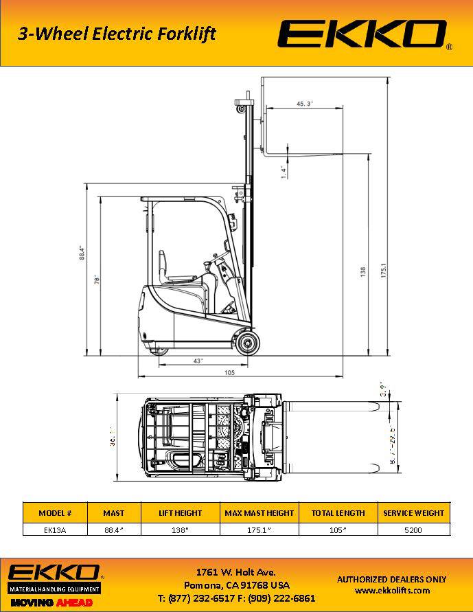 EKKO EK13A 3 Wheel Electric Forklift 138" Lift Ht., Side Shift - 3300 lbs Capacity - Ekko Lifts