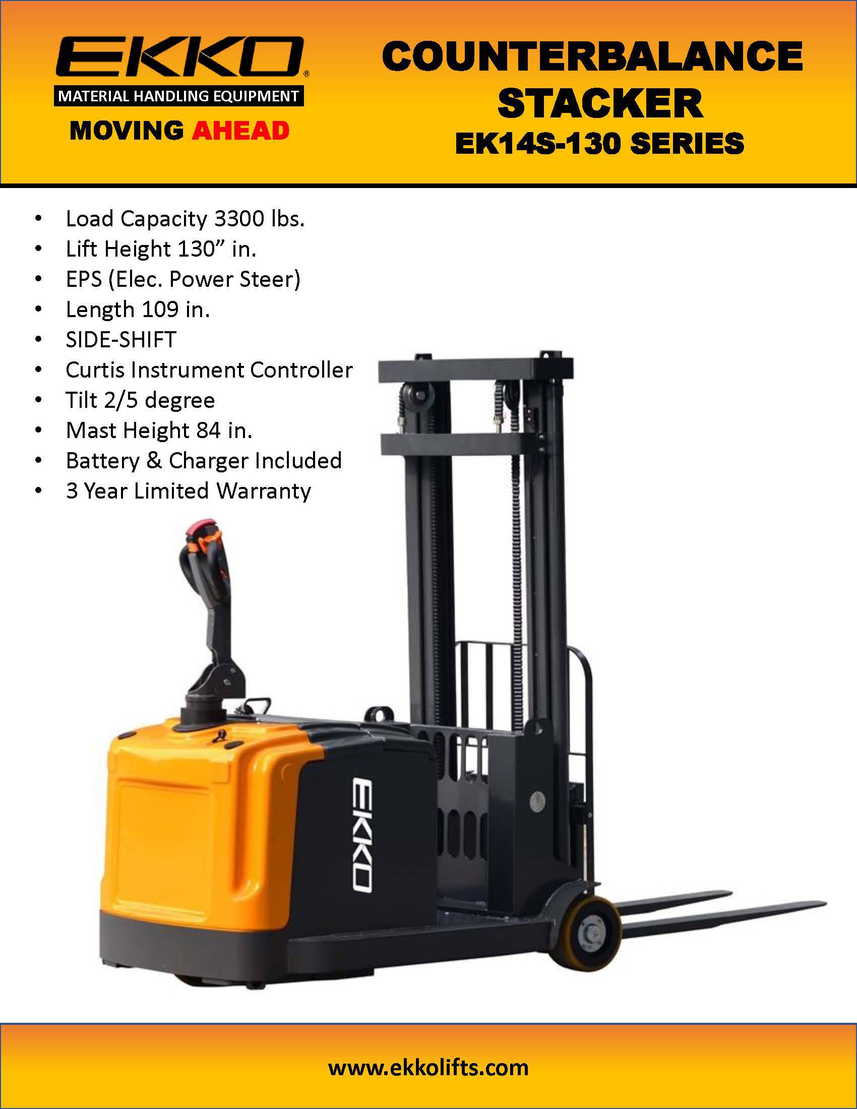 EKKO EK14S-130 Counterbalanced Walkie Stacker SIDE-SHIFTING - 3300 lbs Capacity - Ekko Lifts