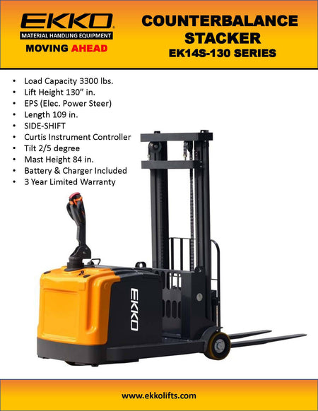 EKKO EK14S-130 Counterbalanced Walkie Stacker SIDE-SHIFTING - 3300 lbs Capacity - Ekko Lifts